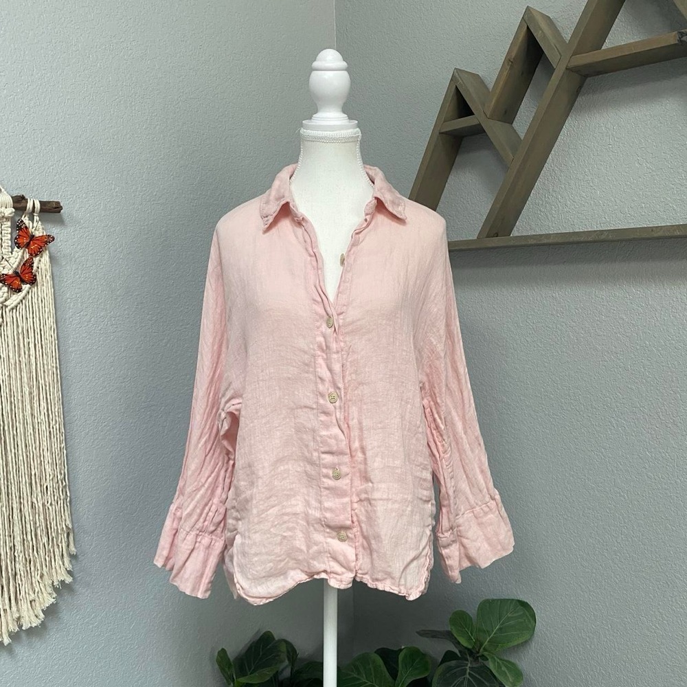 ZARA PINK BUTTON DOWN SHIRT COLLARED LONG SLEEVE FRONT SLIT HEM 100% LINEN